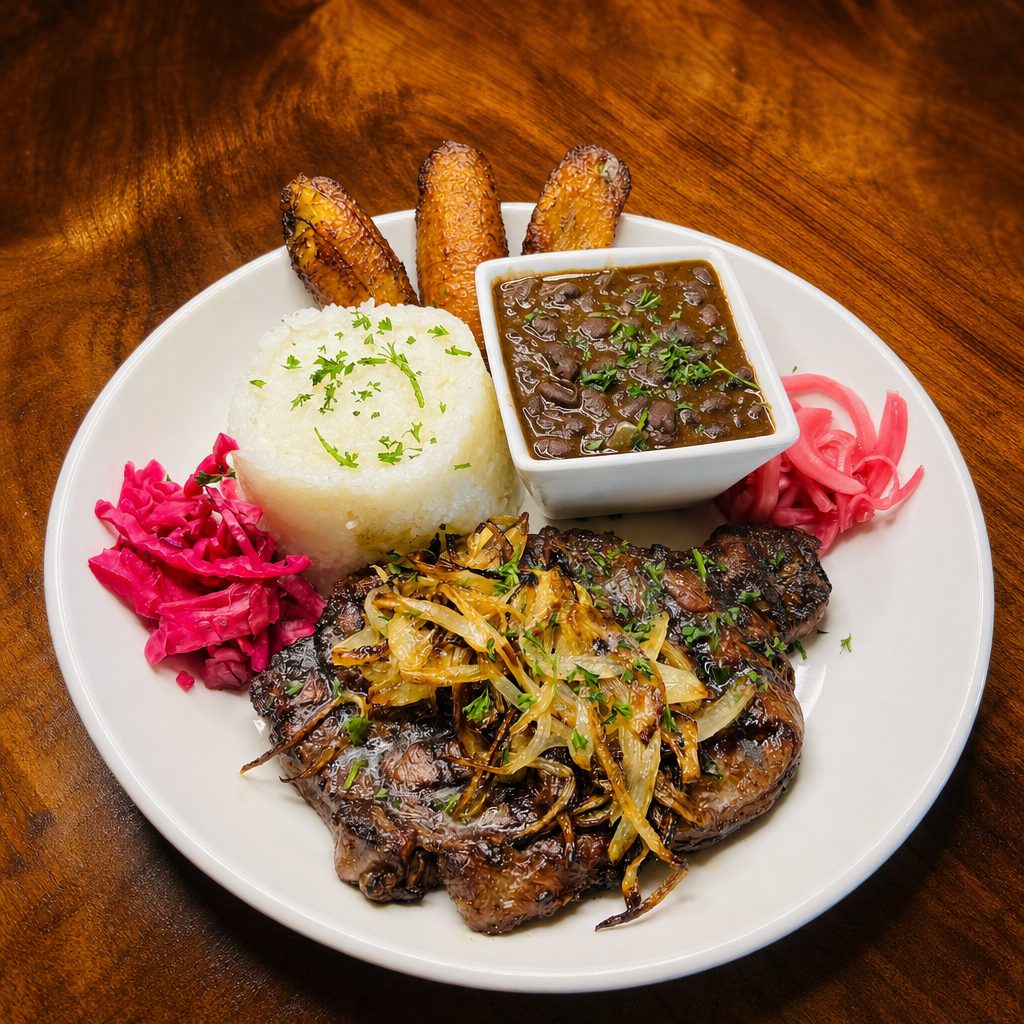 12oz Ribeye Bistec Encebollado | Steak with Sautéed Onions.